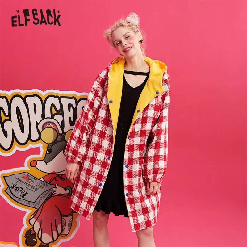 ELFSACK красное клетчатое прямое двубортное шерстяное пальто с капюшоном для женщин