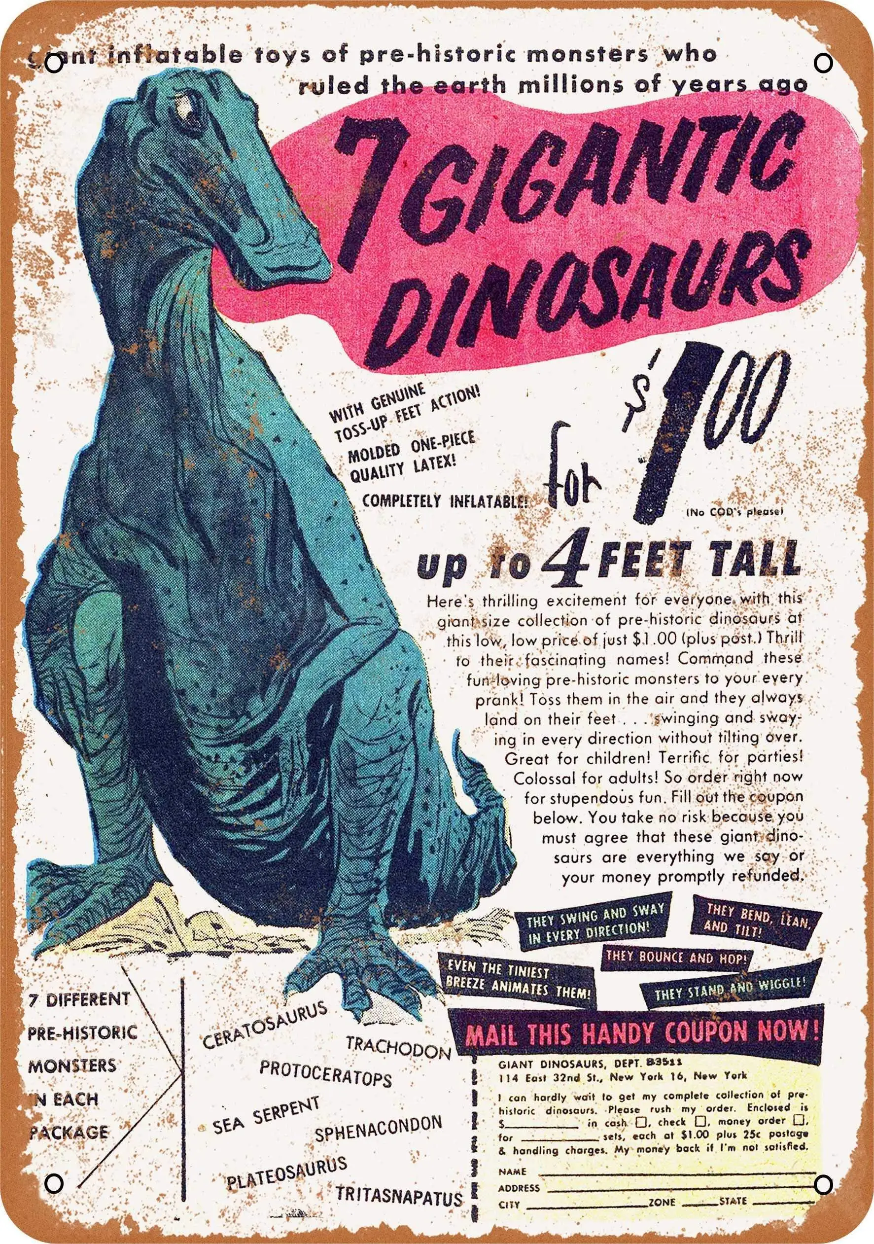 

SLALL 1968 Gigantic Dinosaurs Comic Ad Retro Street Sign Household Metal Tin Sign Bar Cafe Car Motorcycle Garage Decoration