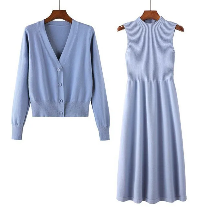 

2020 Autumn Winter Women Sweater Coat + Dress Sets Solid Color Female Casual Two-Pieces Suits Loose Sweater Knit Long Dress Z173