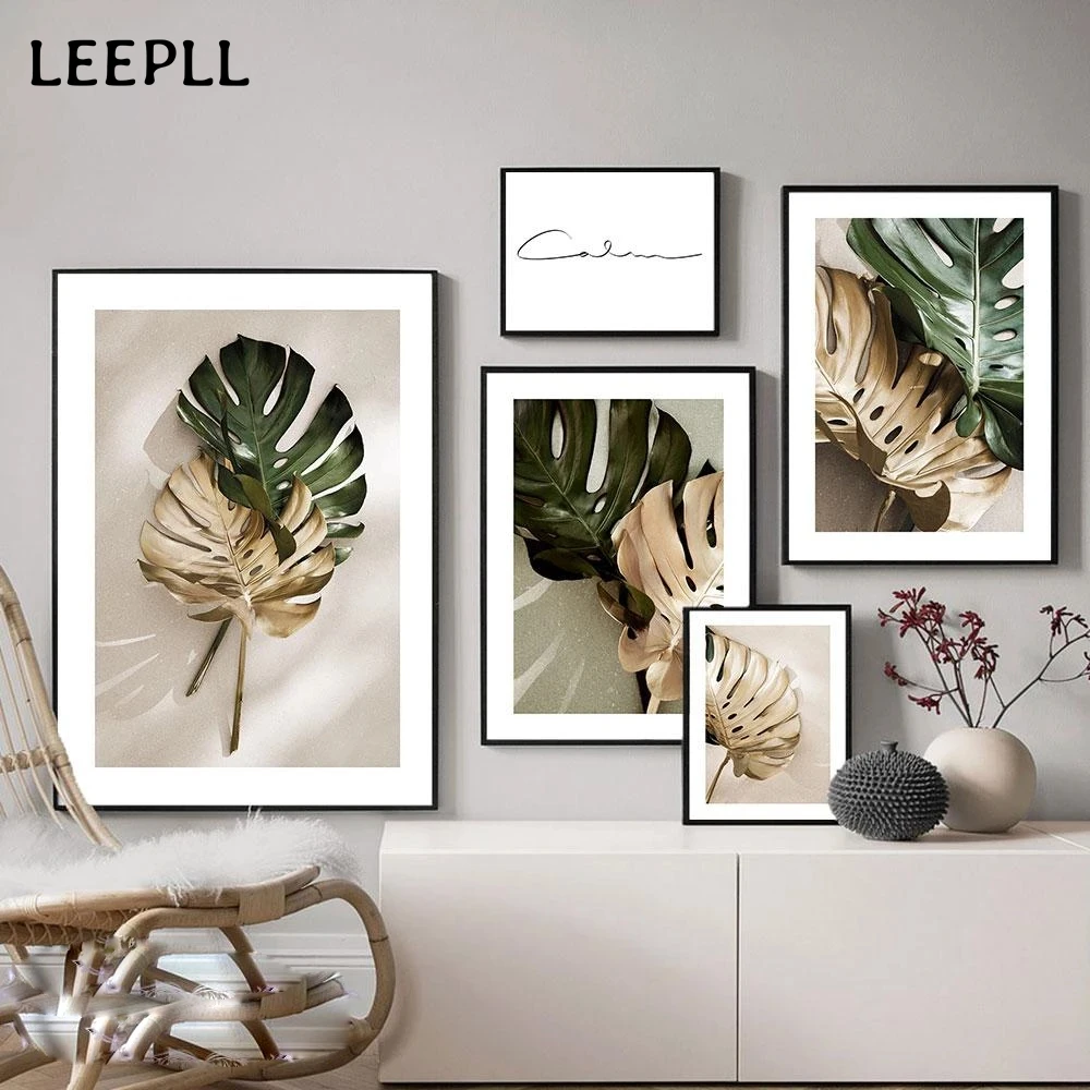 

Green & Golden Leaves Canvas Painting Nordic Scandinavian Nature Poster And Print Wall Art Pictures For Living Room Decor