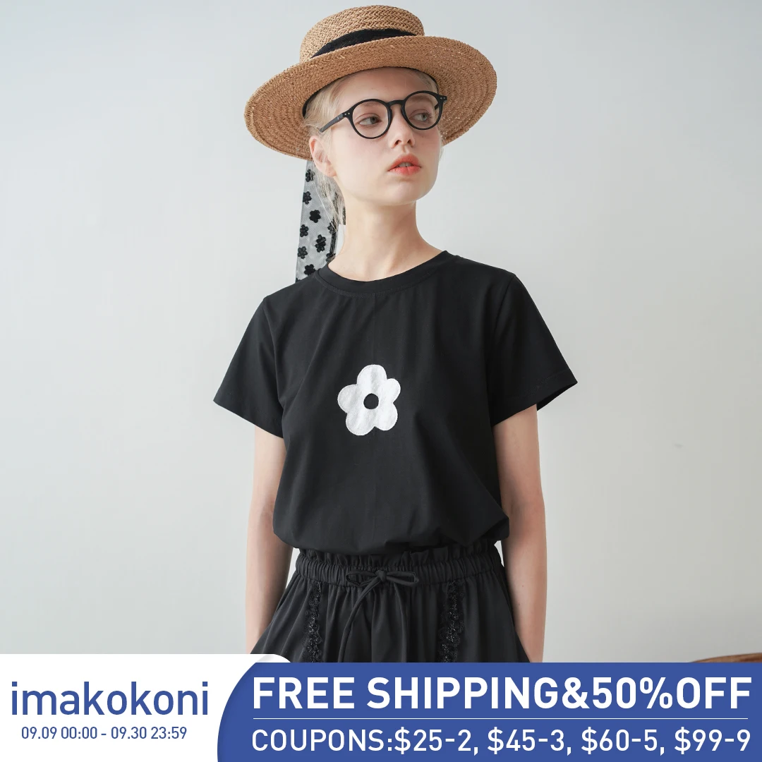 Imakokoni оригинальный дизайн дикий черный цветок футболка японский однотонный был тонкий Топ Лето 203062 от AliExpress RU&CIS NEW