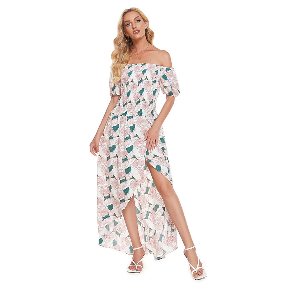 

Women's Summer Dresses Fashion Printing One Word Neck Sexy Open Back Irregular Split Slim Beach Ladies Short Sleeve Dresses 2021