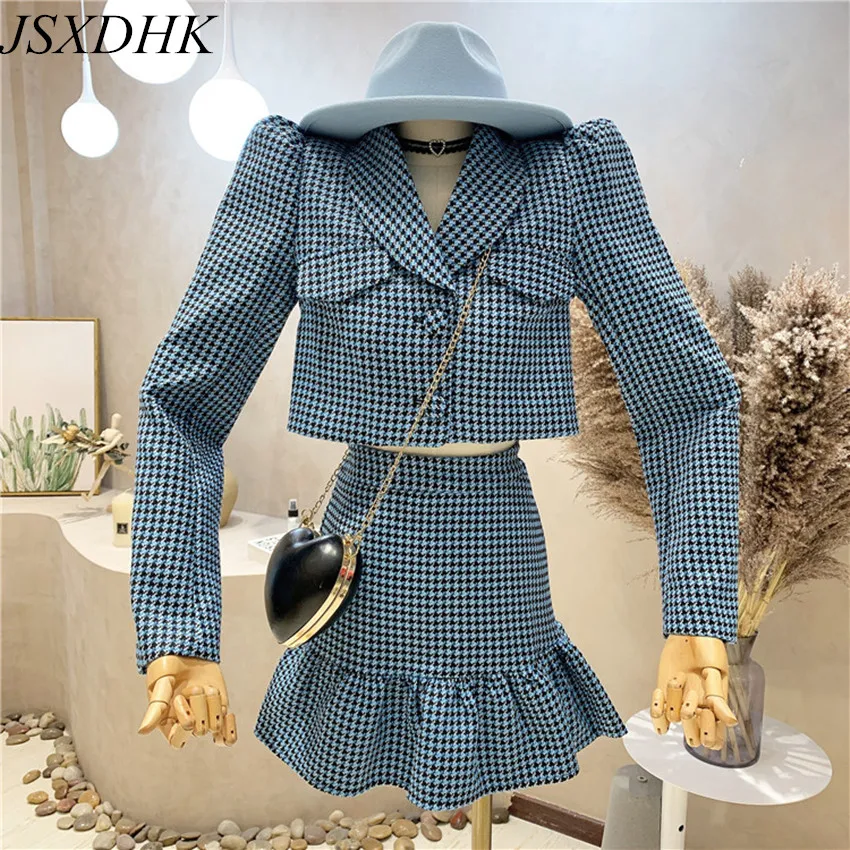 

JSXDHK Sweet Girl Autumn Winter Tweed 2 Piece Set Women Houndstooth Short Jacket Coat + Ruffles Mermaid Plaid Mini Skirt Suits