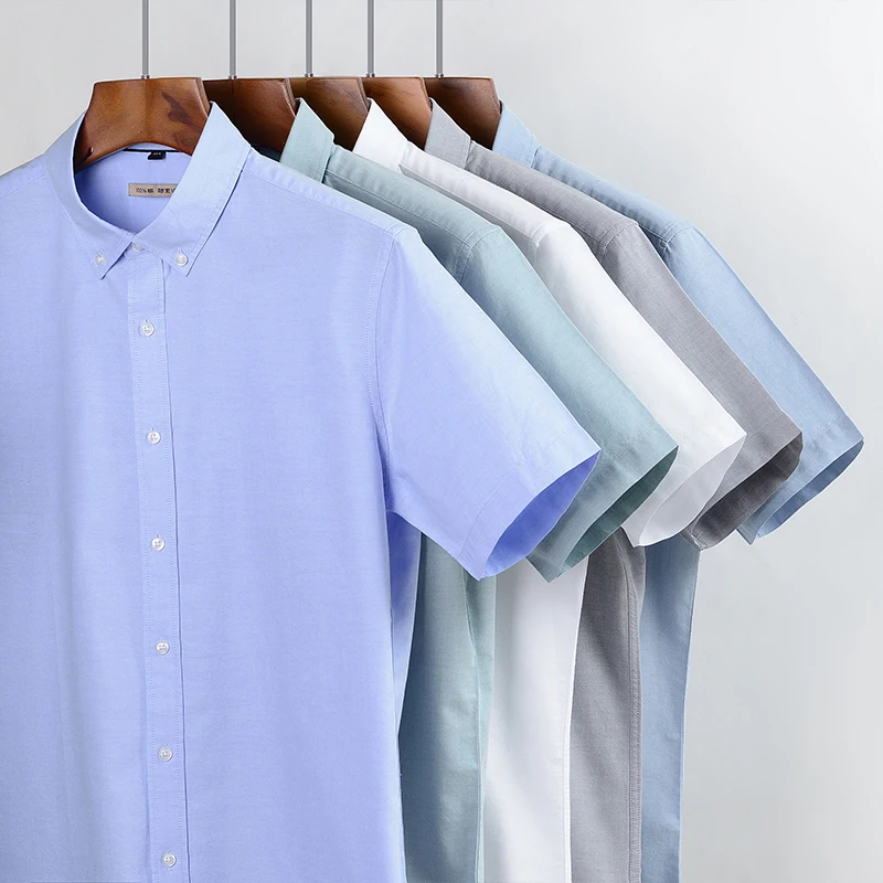 

Short Sleeve Soft 100% Cotton Solid Oxford Shirts Pocket-less Design Standard-fit Button-down Men's Summer Casual Work Shirt