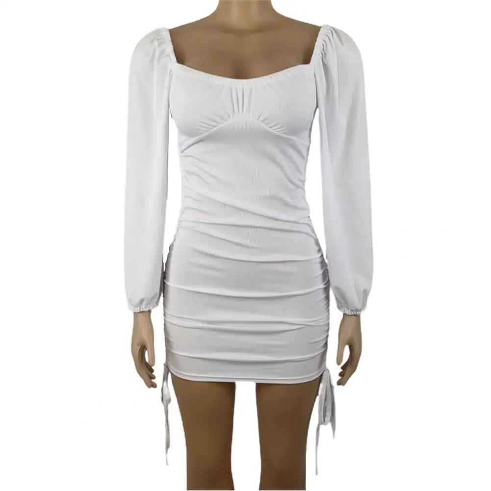 

Spring Full Sleeve Dress 2021 Autumn New Women Fold Ruched Drawstring Slim Mini Dress Casual Streetwear O-Neck Dresses