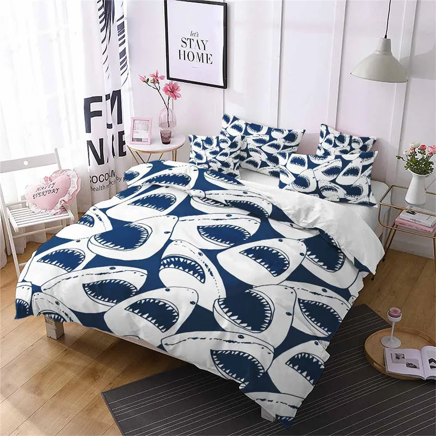 HELENGILI 3D Bedding Set Shark Print Duvet Cover Lifelike Bedclothes with Pillowcase Bed Home Textiles #SY-27 | Дом и сад