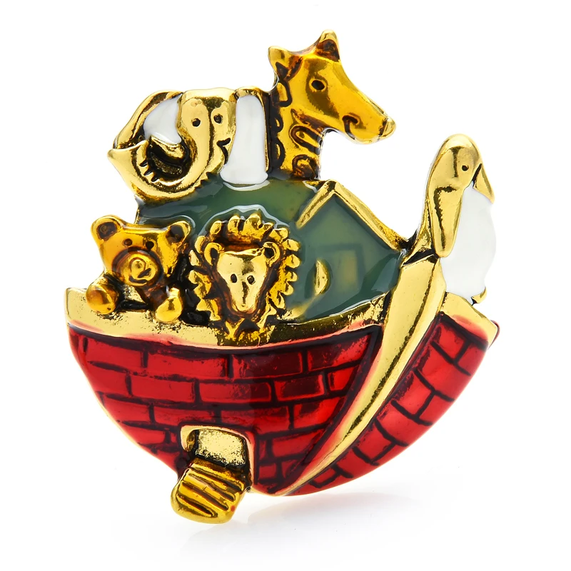 

Wuli&baby Animals in Noah's Ark Brooch Pins Shelter Boat Elephant Lion Bear Giraffe On Ship Women Jewelry Brooch Gift