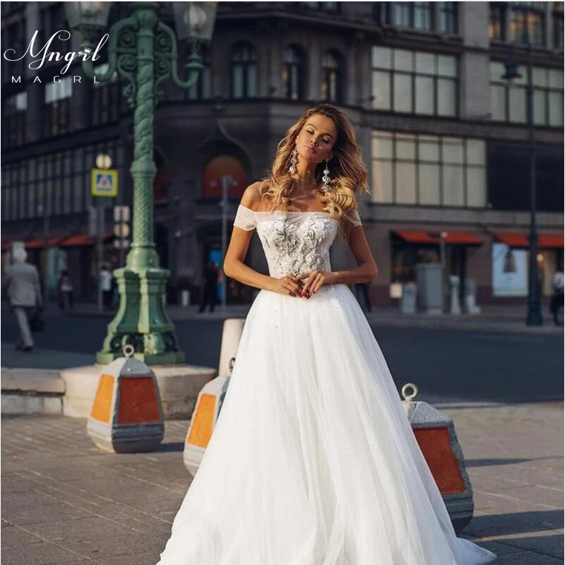 

MNGRL Simple Retro One-Shoulder Sleeveless Wedding Gown White Lace 3D Flower Plus Size Bridal Dresses Fluffy Skirt