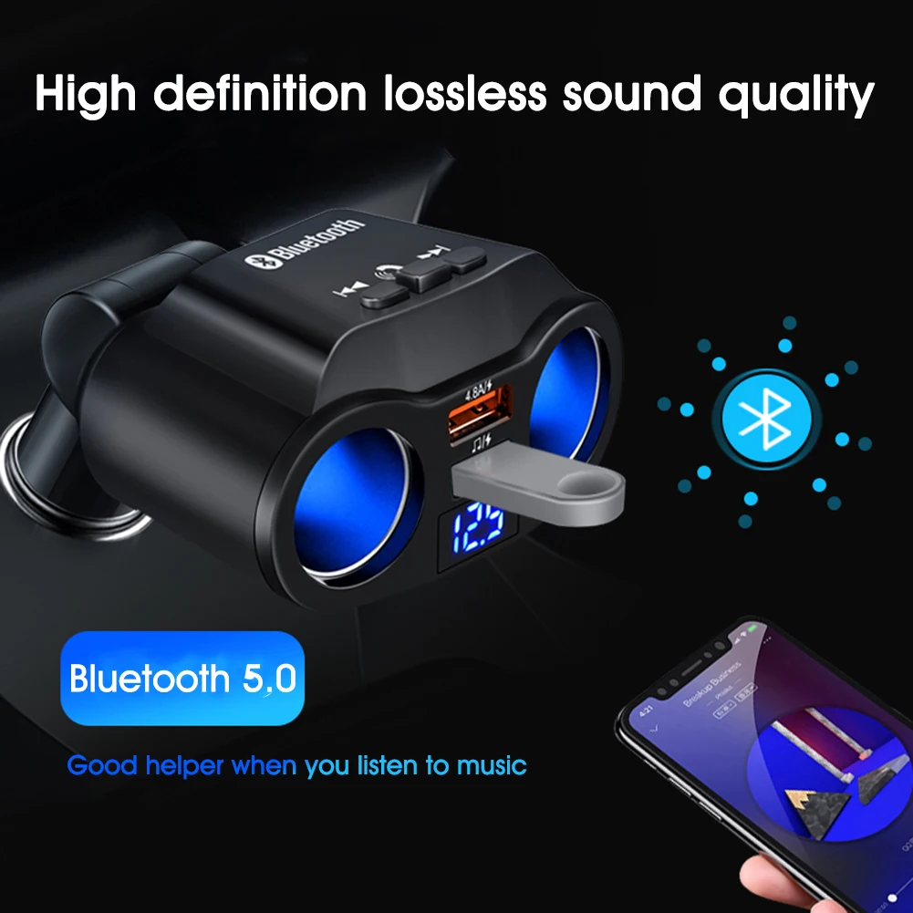 

Разветвитель Прикуривателя 90W 12V/24V Bluetooth зарядных порта USB для автомобиля Зарядное устройство, 2 розетки с светодиодный Напряжение Дисплей