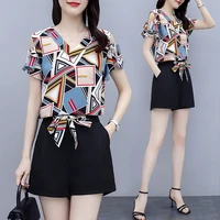 sets for women summer 2020 new fashion casual two piece set female short sleeve top wide leg shorts suit large size loose girl