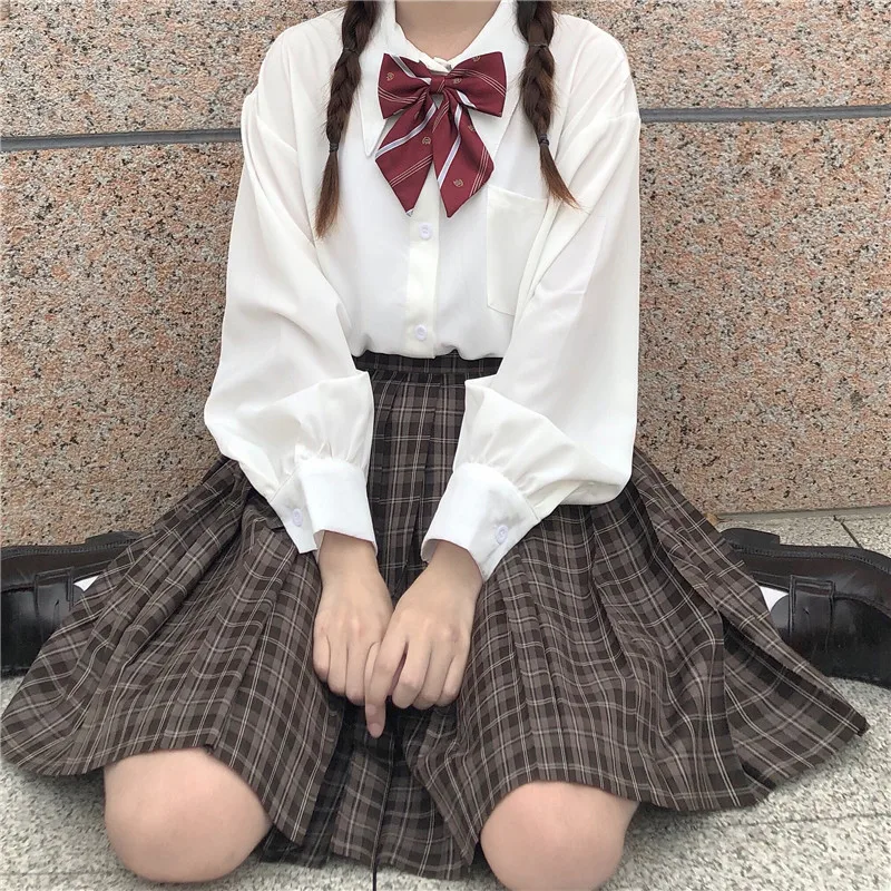 

Japanese Preppy Style Spring Autumn Women Shirt Turn-Down Long Sleeve Harajuku Blusas With Bow Collar White Oversized JK Blouse