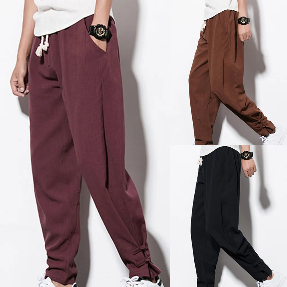 Брюки мужские повседневные с завязкой и карманами размера плюс шаровары из