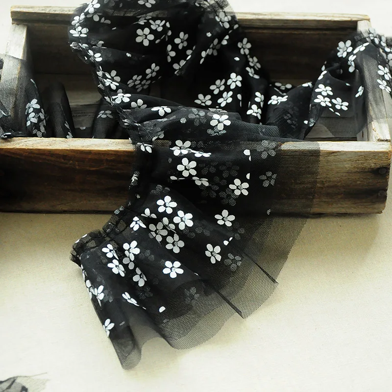 10cm wide Modern small plum blossom printed mesh pleated refreshing three-dimensional lace handmade DIY doll clothes skirt