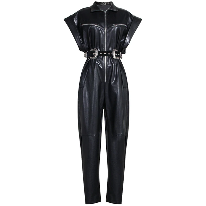 Женский кожаный комбинезон с высокой талией весна осень 2020|Женские комбинезоны| |