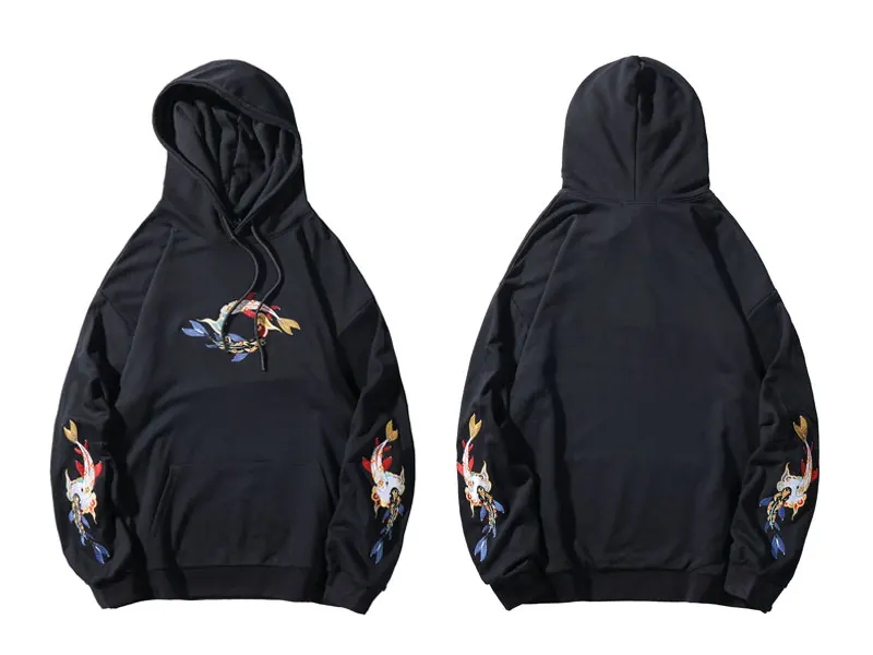 GONTHWID Embroideried Fish koi Карп пуловер толстовки с капюшоном, худи Harajuku уличная мужская хип хоп Повседневная модная Толстовка Топы мужские