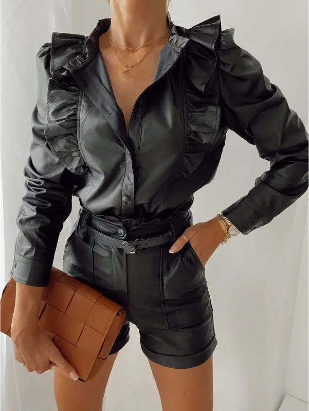 

Autumn Winter Women Black Leather Ruffle Jackets Fashion Lapel Long Sleeve Buttons Tops