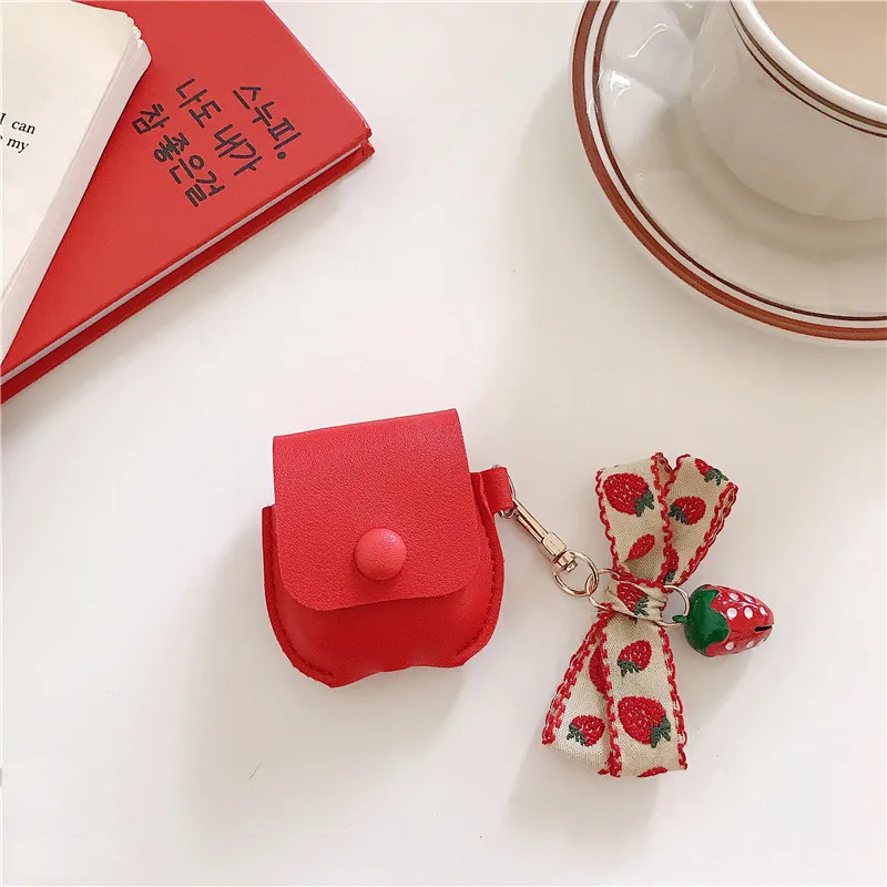 

For AirPods 1 2 Case Red Strawberry Bow Wireless Soft Leather Earphone Cases For Apple Airpod Case Cover Funda
