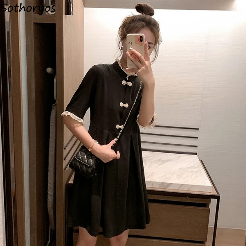 

Women Short Sleeve Dresses Black Vintage High Waist Mini Length Lace Patchwork Stand Collar Chinese Style Elegant Mujer Vestidos