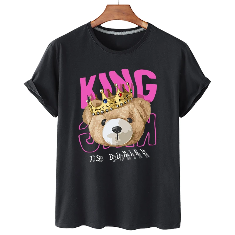 

King Teddy Bear Personality Print 100% Cotton Women Short-sleeve T-shirt Round Collar Casual Couple Oversized Loose Clothing