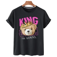 king teddy bear personality print 100 cotton women short sleeve t shirt round collar casual couple oversized loose clothing