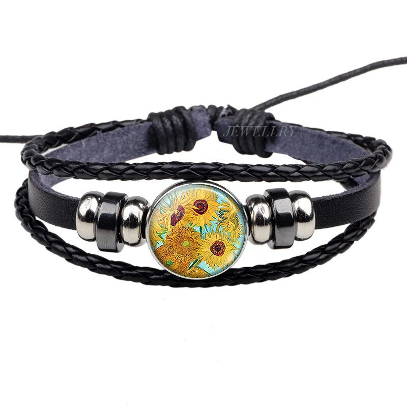 Van Gogh Bracelet Art Oil Paintings Glass Cabochon Jewelry Black Leather Punk Bracelets Starry Night Sky Sunflower Men Gifts | Украшения и