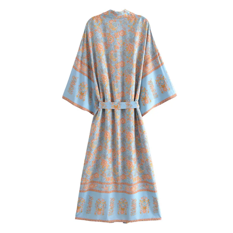 2021 Women blue orange Flower Print Kimono Cardigan BOHO Beach Tide Bow Sashes Maxi Long Shirt Blouse Holiday Tops | Женская одежда