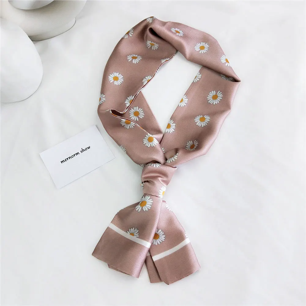 

2021 Women's Black Pink Green Daisy Flower Print Neck Scarf Headband Long Silk Satin Skinny Handbag Scarfs for Women Bag Scraf