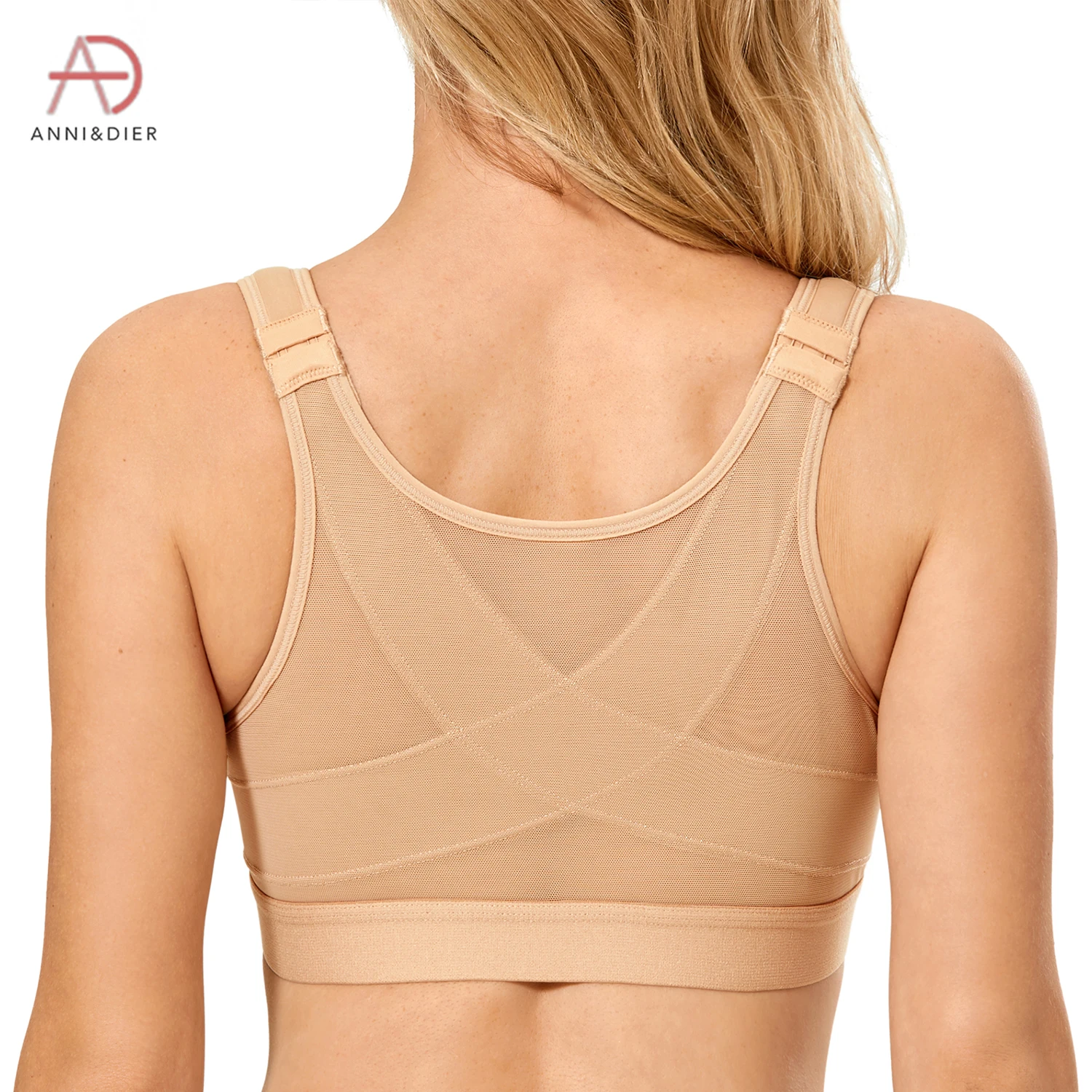 Women's Full Coverage Front Closure Bra X-shape Back Non Padded Wireless Posture T-shirt Contour