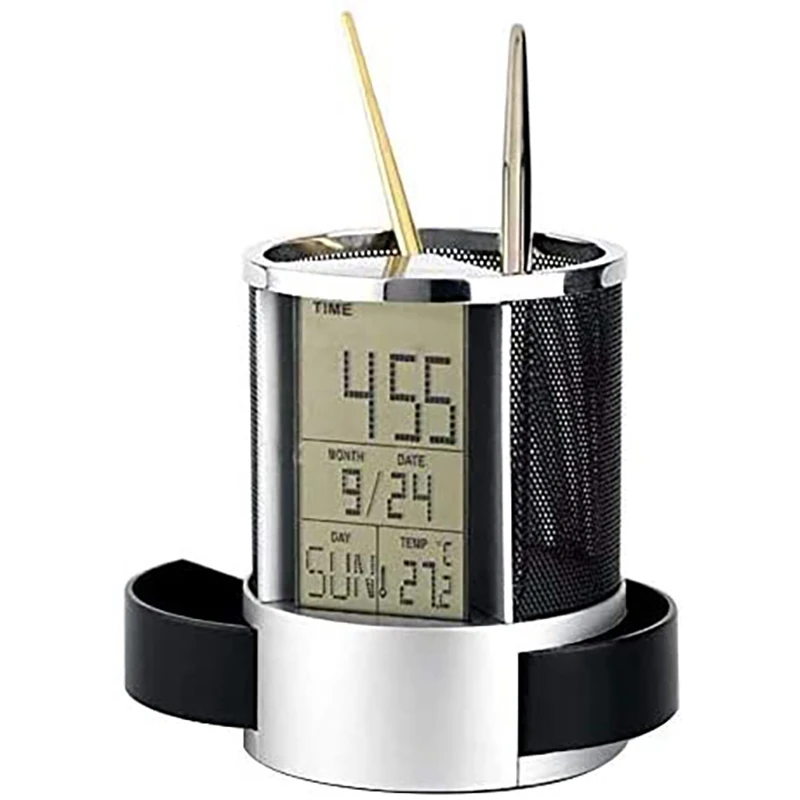 

Digital Pen Holder, LCD Desk Alarm Clock Mesh Pen Holder Calendar Timer Temperature Calendar Table 2 Small Drawers