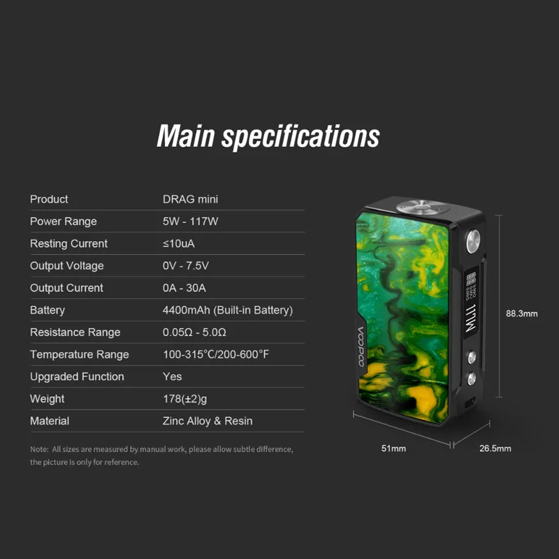 100% Оригинальный Voopoo Drag Mini Vape Box Mod 4400Mah Встроенный аккумулятор 117W выход положить 510