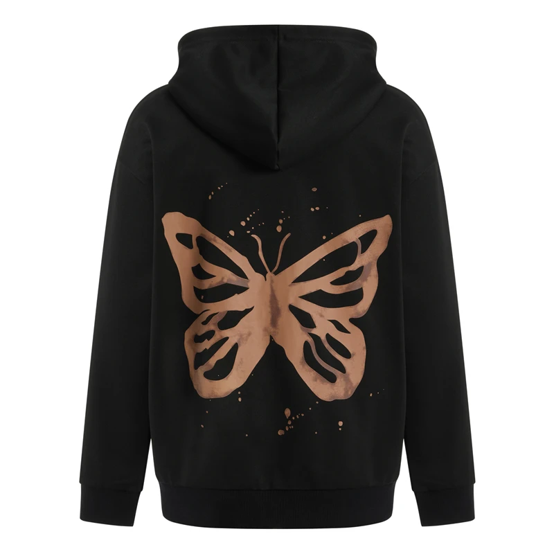 

Hirigin Women Casual Hooded Sweater Adults Butterfly Print Long Sleeve Sweatshirt with Pockets Drawstring Hip Hop Streetwear