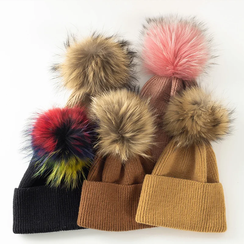 

Geebro Fashion Women Knitted Beanie Hat With Raccoon Fur Pompom Thicken Soft Warm Hats Female Ladies Beanies Skullies Bonnets