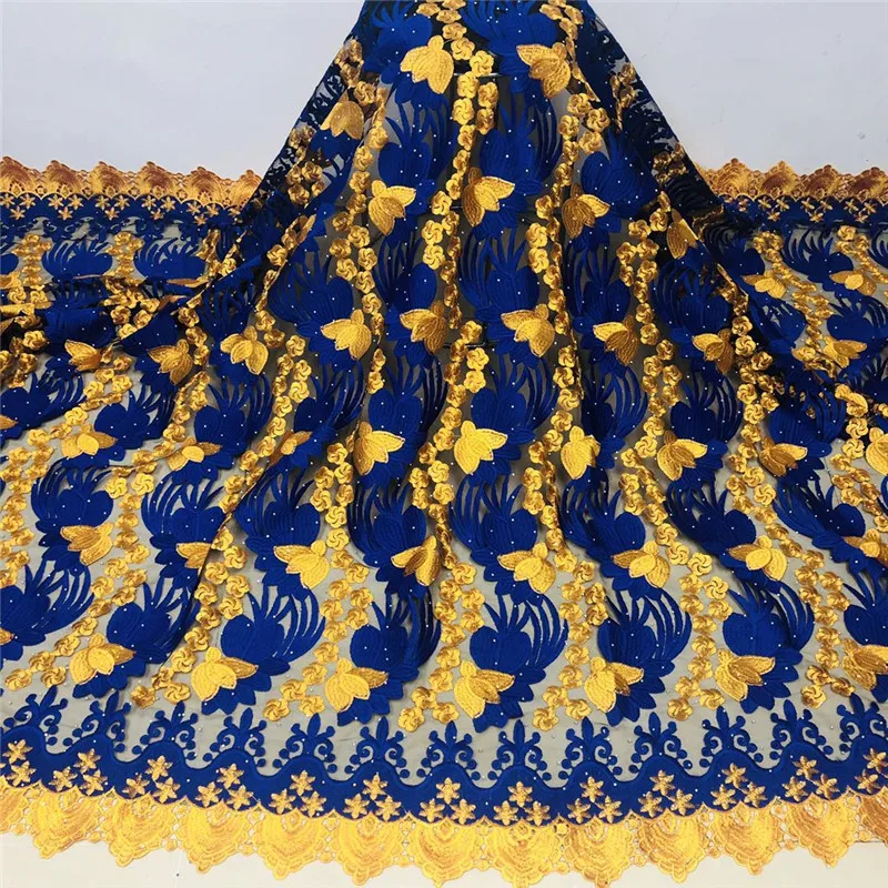 

Новейшая кружевная ткань с вышивкой, Африканское Тюлевое кружево с камнями, синее французское Сетчатое кружевное полотно, 5 ярдов
