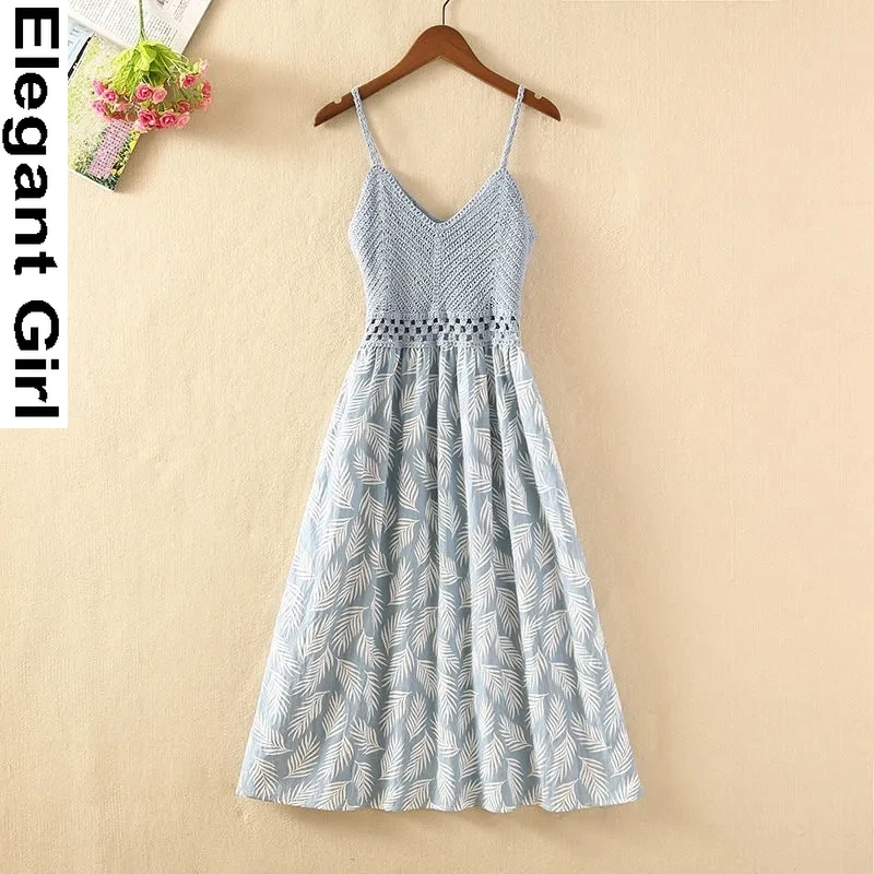 

Women High-end Fashion Design Sense Printed Suspender Dress Summer 2021 New Style Little Sexy V-neck Knitted Mid-length Dress