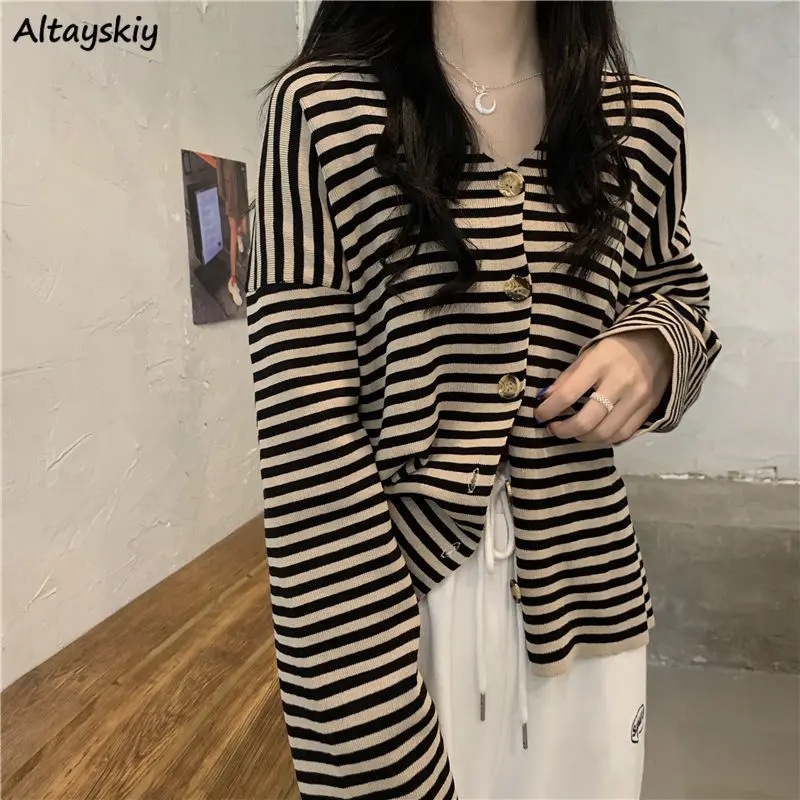 

Cardigan Women V-Neck Full Sleeve Cozy College Simple Fashion Loose-fitting Striped Popular Daily Spring Sweaters Street Knitted