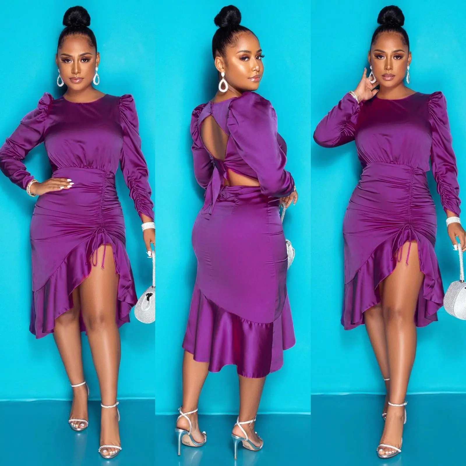 

Autumn Elegant Dresses For Women 2021 Fashion Purple Puff Sleeve Pleated Ruffle Backless Female Party Prom Dresses