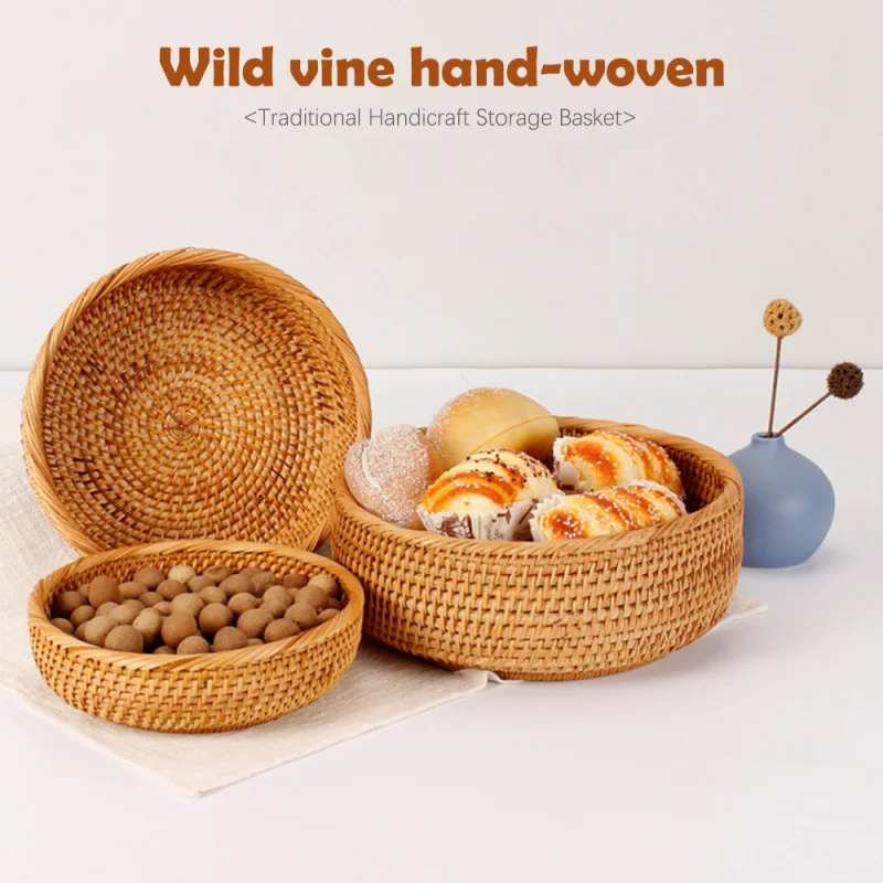 

3 Pcs/set Storage Tray Container Round Basket Hand-Woven Rattan Tray Wicker Basket Bread Fruit Food Breakfast Display