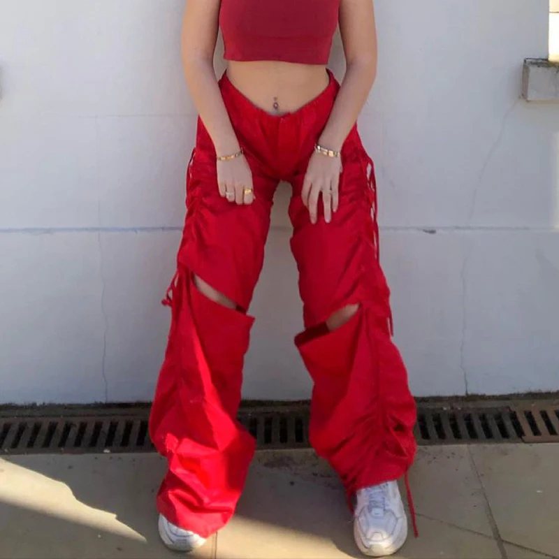 

Stylish Ripped Y2K Straight Pants For Women Fashion Side Drawstring Sweatpant 2021High Waist Ruched Trousers Female Streetwear