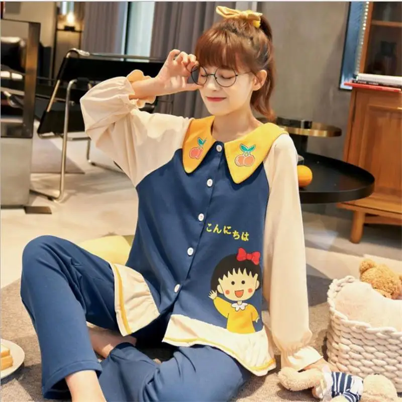 

Japanese Pajama Set Women Kawaii Sleepwear Chibi Maruko-chan Cartoon Anime Pijamas Cute Bowtie Girls Ladies Homewear Long Pants