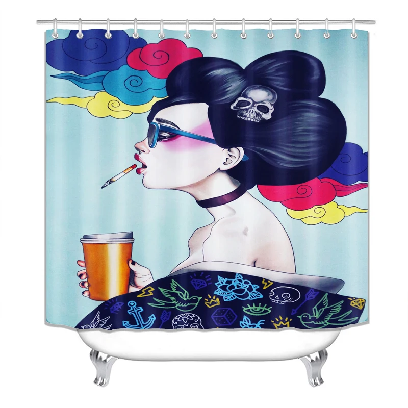 

Shower Curtain for Bathroom,Bedroom,Window, Decorations of Smoking Girl with Brown Cup Coffee Blue Cloth