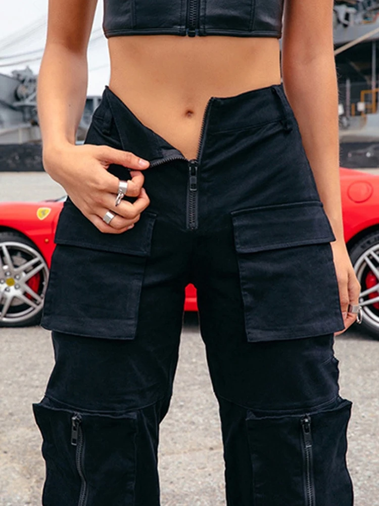 

Женский Готический комбинезон FHYU, в стиле панк, с молнией и высокой талией, брюки, уличные трендовые брюки с несколькими карманами, 92245