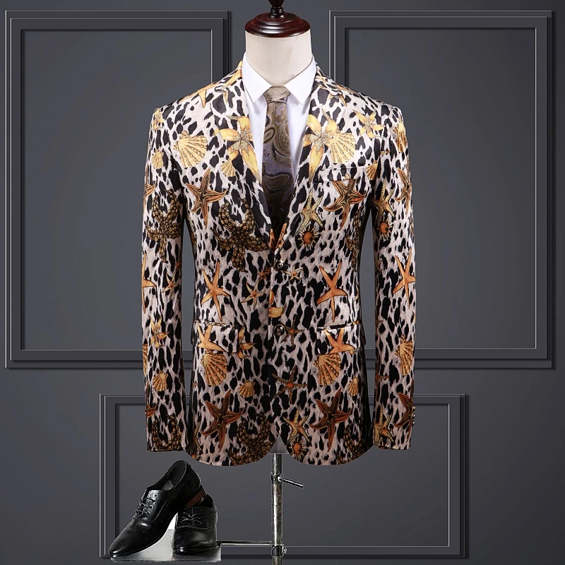 

Casual Male Blazer Leopard Printing Single Breasted Jacket Party Wedding Nightclub Outwear Elegent Singer Host Show Costume