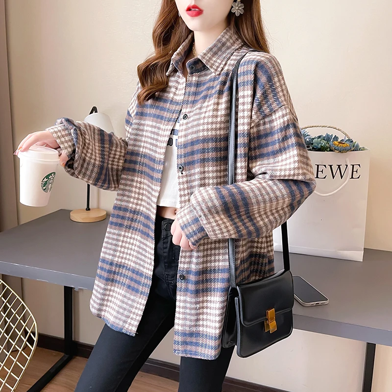 

Женская рубашка в клетку, женская блузка оверсайз в Корейском стиле, рубашка с длинным рукавом и отворотом, топы, Повседневная винтажная Чер...