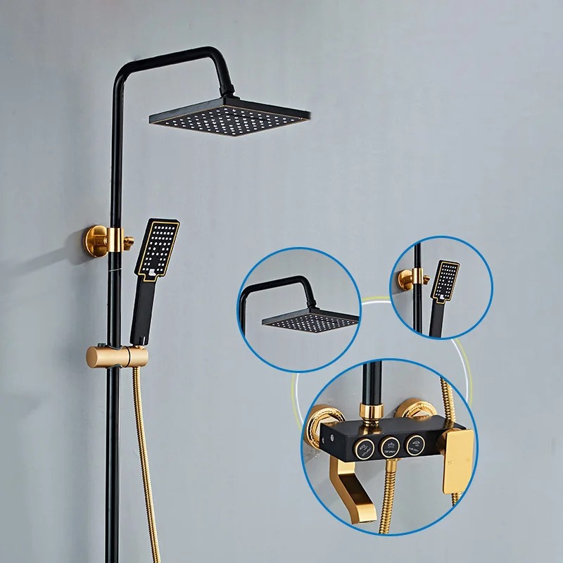 Space aluminum black gold shower thermostatic lifting three-speed booster rain faucet bathroom wall-mounted set | Обустройство дома