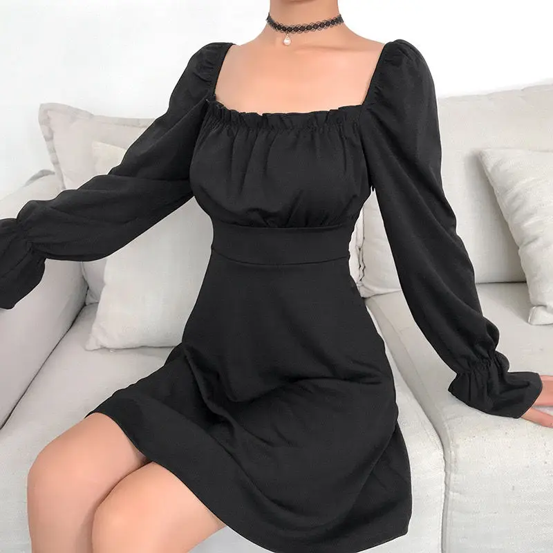 

Vintage Black Goth Dress Woman Clothes Backless Sexy Bandage Dress With Long Sleeve Off Shoulder Puff Sleeve Elegant Tunics