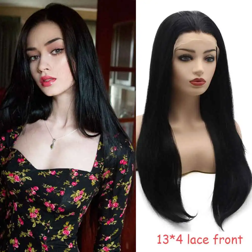 Jeelion Hair Straight Long 24inch Black Half Hand Tied Heat Resistant Synthetic Lace Front Wigs