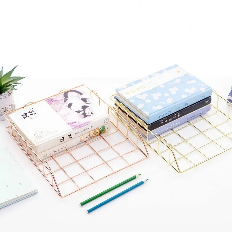 

Iron File Storage Basket Rack Grid Desktop Layered File Nordic Style Rose Gold Stackable High File Rack Metal Wrought