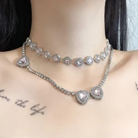 korean rhinestone chain three pink love heart choker necklace jewelry for women luxury crystal pendant necklace choker collar