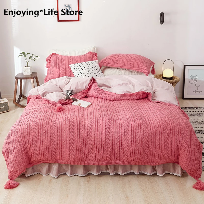 

Pink Green White Winter Velvet Fleece Comfortable Princess Bedding Set Knitting Tassel Duvet Cover Bed Skirt Sheet Pillowcases