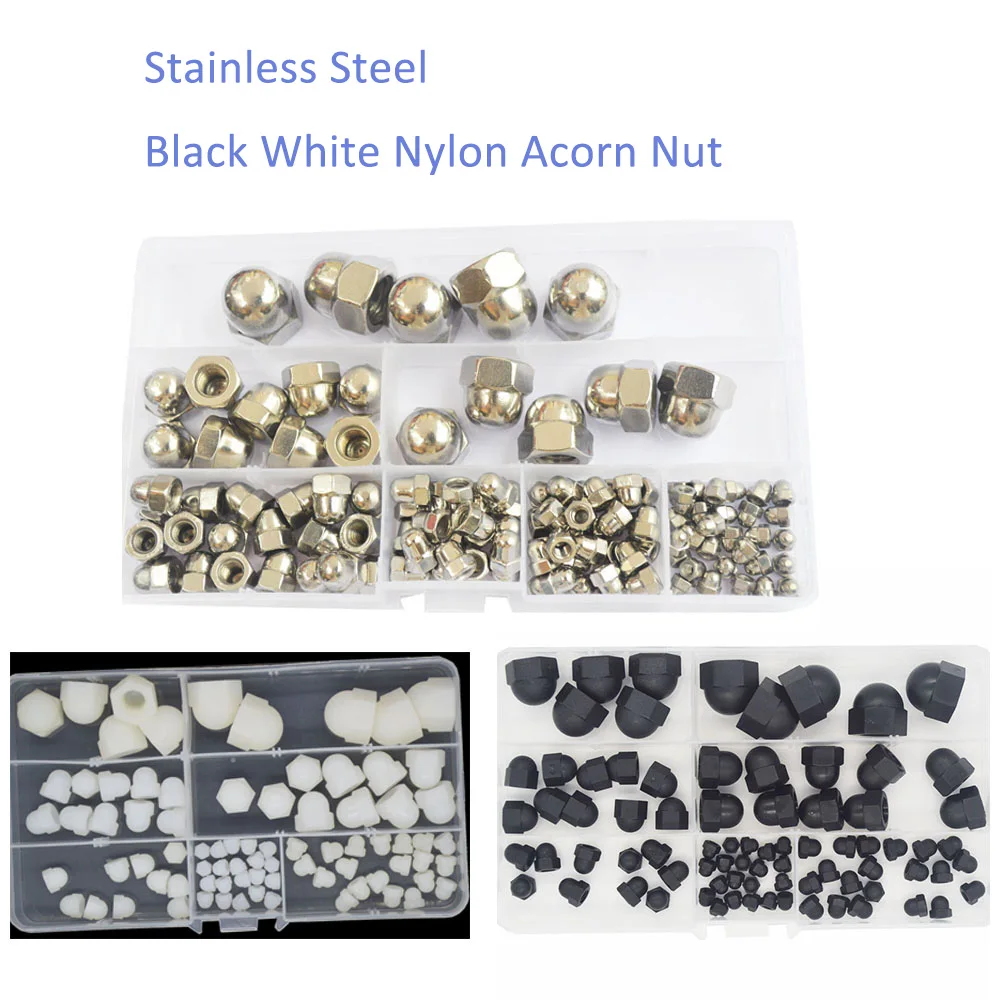 

80/115pcs Acorn Nut M3M4 M5M6 M8M10M12 Black White Nylon Acorn Nut Stainless Steel Hexagon Dome Cap Nut Blind Nut Assortment Kit